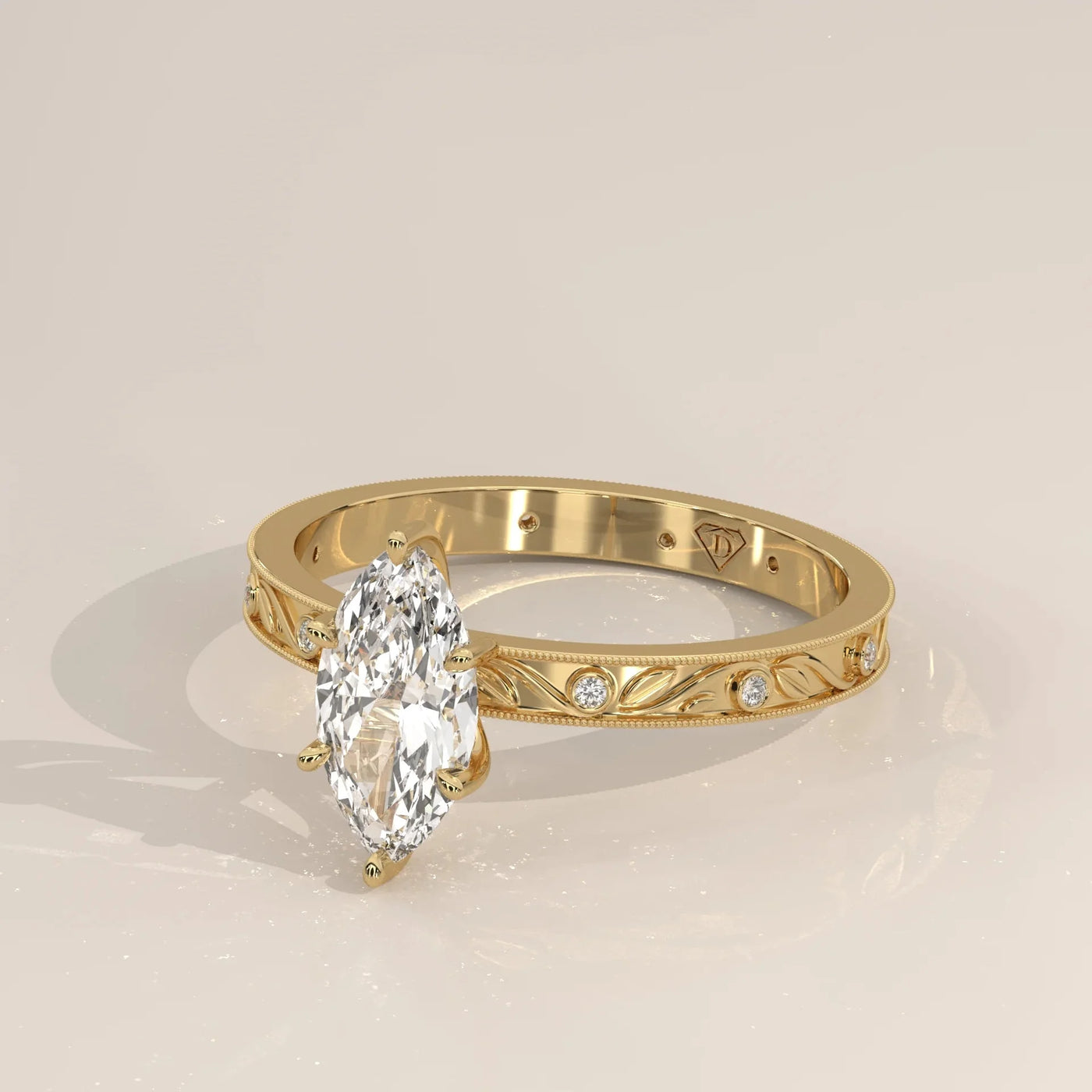 Side Profile: Marquise Diamond Ring with Solitaire Setting in Yellow Gold – Lab Grown – Driona Jewels