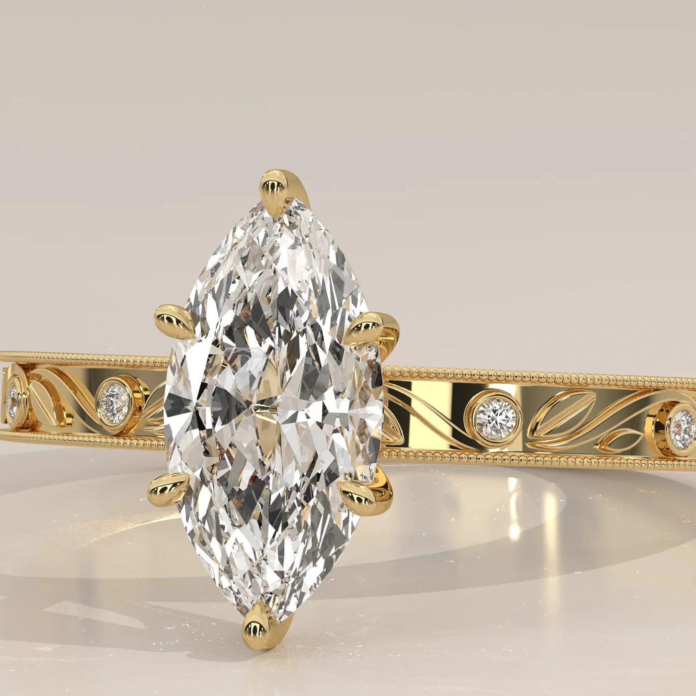 Stone Detail: Marquise Lab Grown Diamonds in Solitaire Setting – Yellow Gold – Driona Jewels