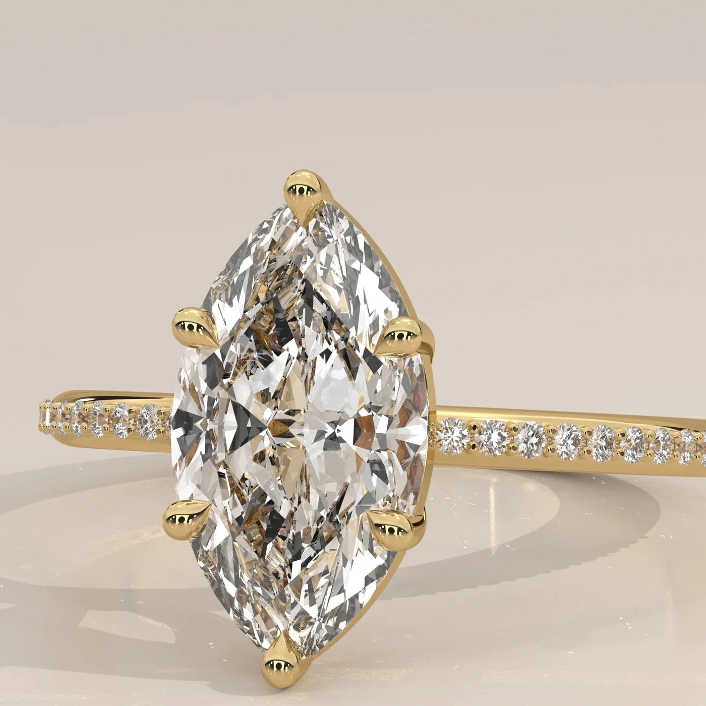 Angle View: Marquise Diamond Engagement Ring with Pavé Setting in Yellow Gold – Lab Grown – Driona Jewels