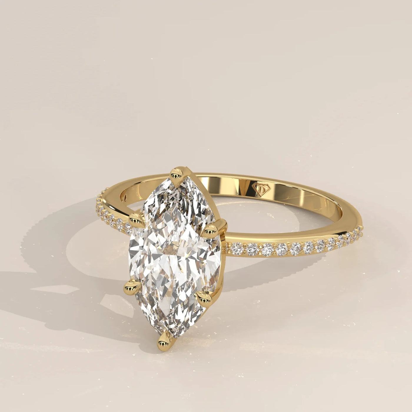 Front View: Marquise Diamond Engagement Ring with Pavé Setting in Yellow Gold – Lab Grown – Driona Jewels
