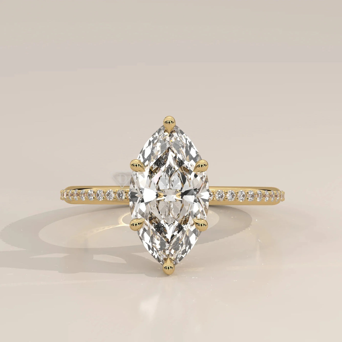 Front View: Marquise Diamond Engagement Ring with Pavé Setting in Yellow Gold – Lab Grown – Driona Jewels