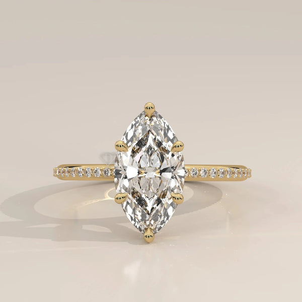 Front View: Marquise Diamond Engagement Ring with Pavé Setting in Yellow Gold – Lab Grown – Driona Jewels