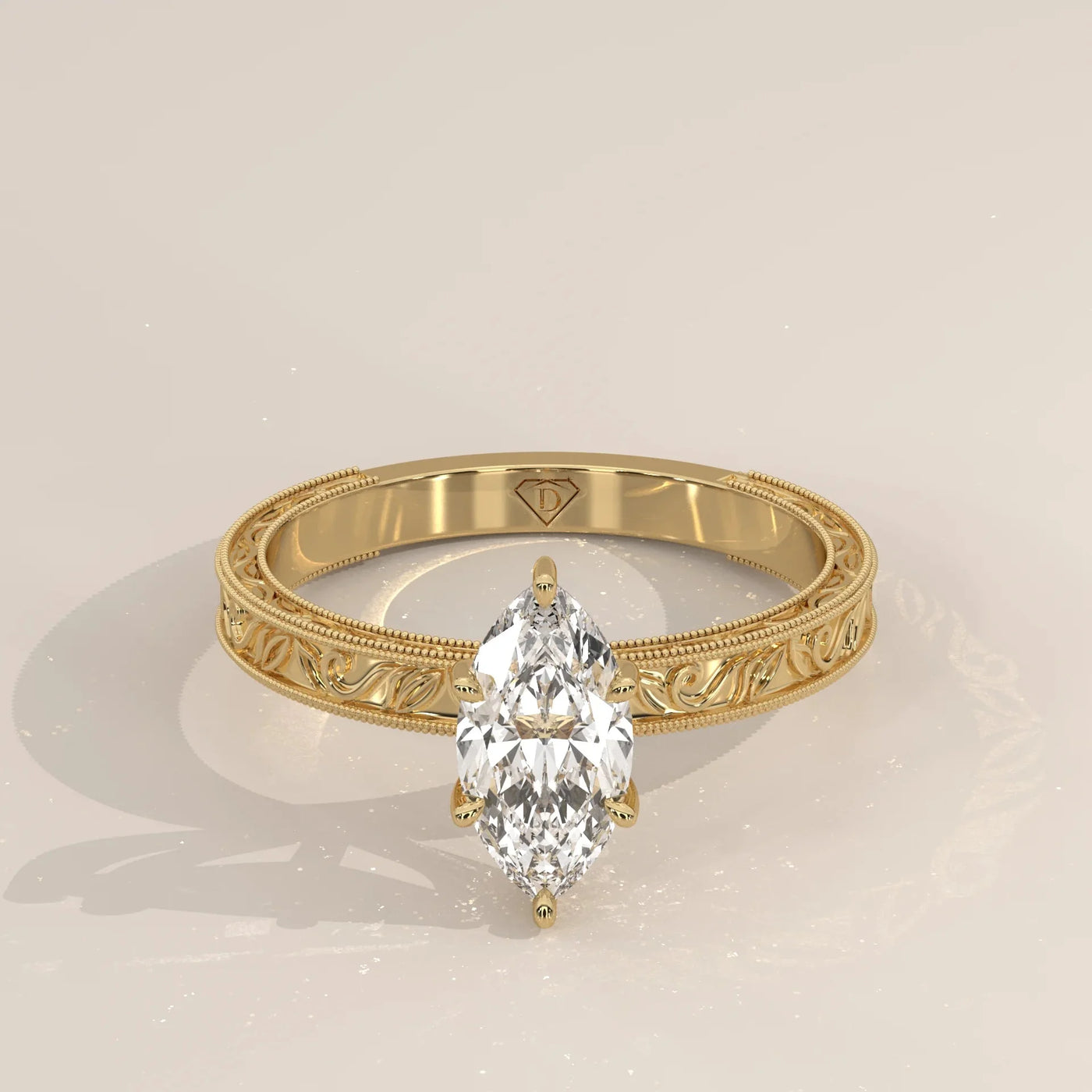 Front View: Marquise Diamond Ring with Solitaire Setting in Yellow Gold – Lab Grown – Driona Jewels