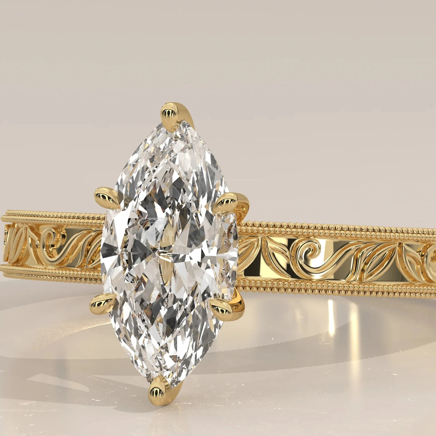 Front View: Marquise Diamond Ring with Solitaire Setting in Yellow Gold – Lab Grown – Driona Jewels