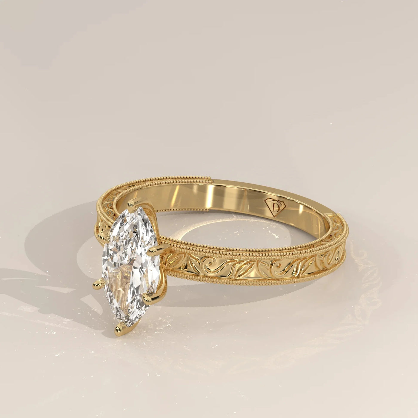 Side Profile: Marquise Diamond Ring with Solitaire Setting in Yellow Gold – Lab Grown – Driona Jewels
