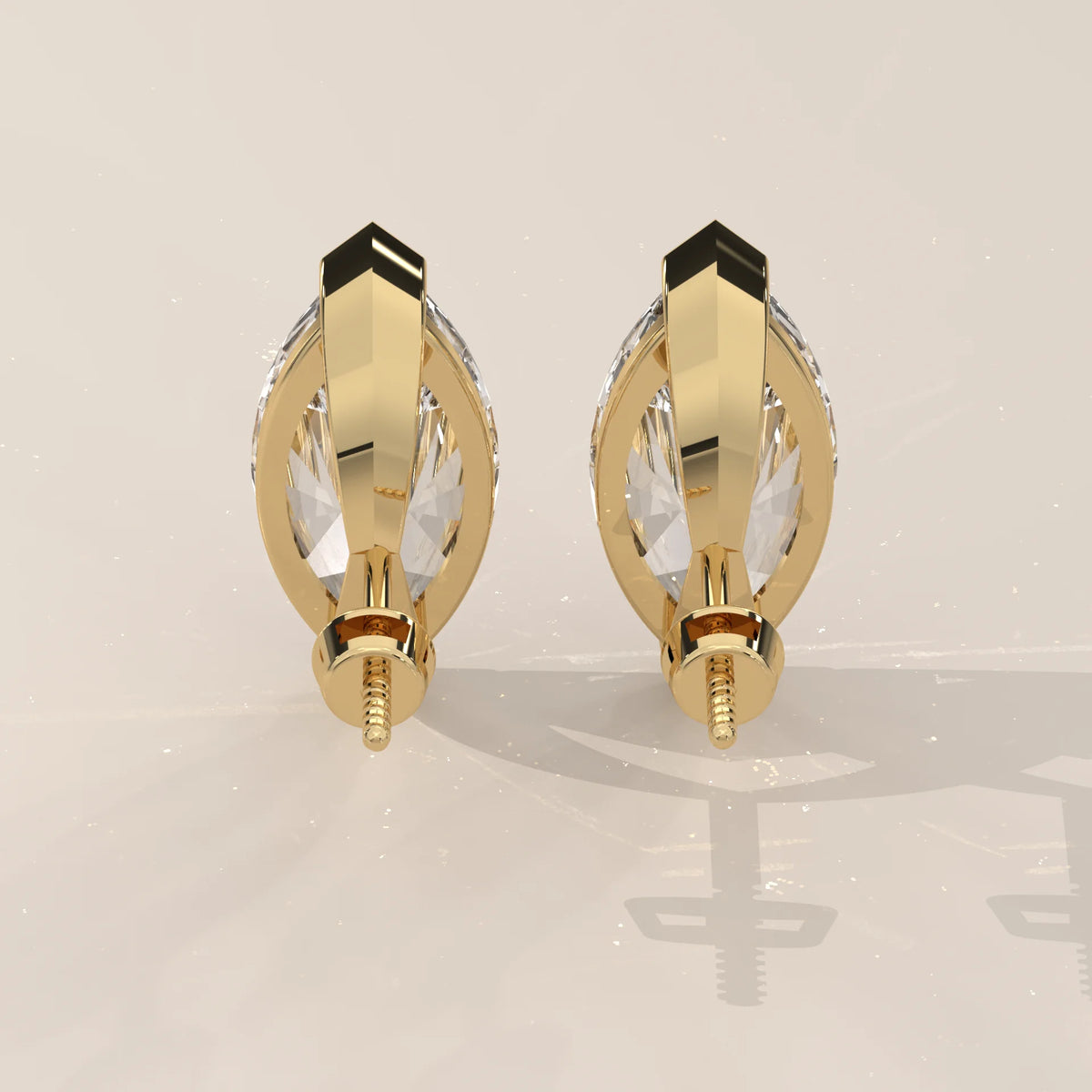 Marquise Solitaire Lab Grown Diamond Studs with V Tip Prongs in yellow gold, shown on a plain background.