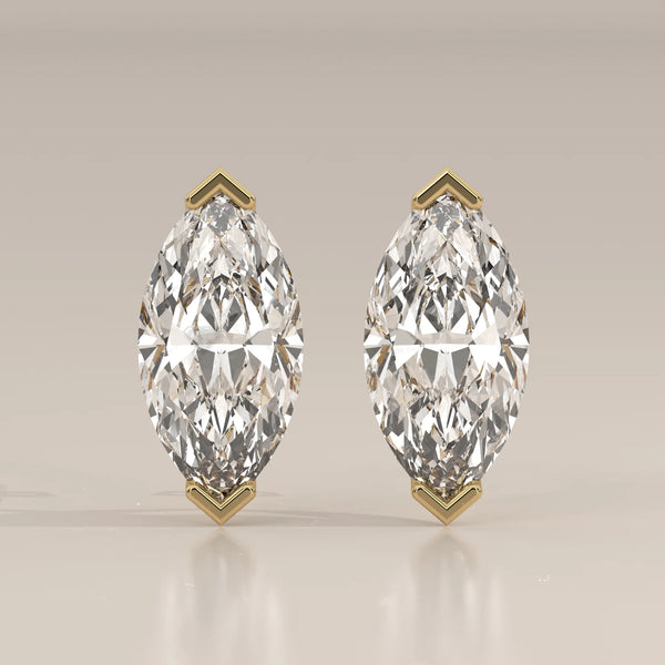 Marquise Solitaire Lab Grown Diamond Studs with V Tip Prongs in yellow gold, shown from the front.