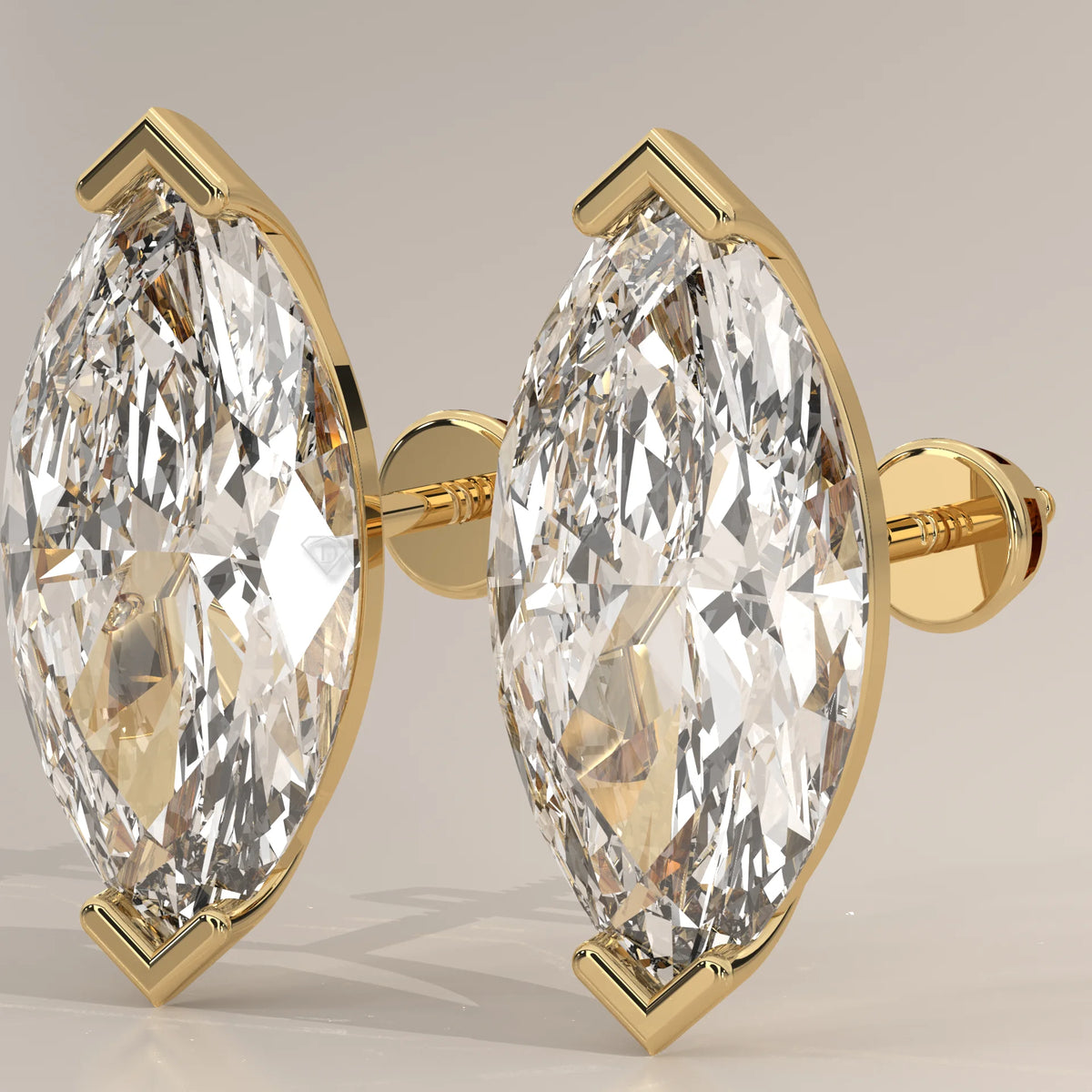 Marquise Solitaire Lab Grown Diamond Studs with V Tip Prongs in yellow gold, side profile view.