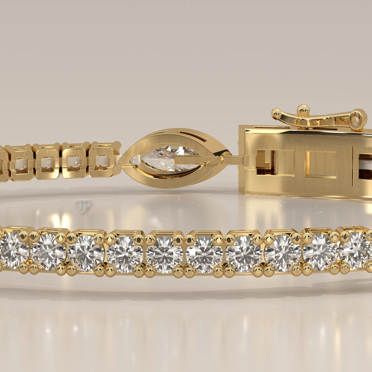 Marquise Station Lab Grown Diamond Tennis Bracelet with Round Line in yellow gold, shown on a plain background.
