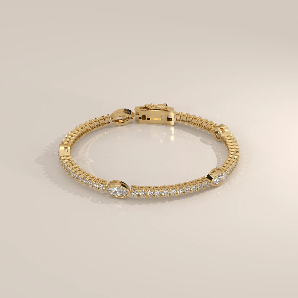 Marquise Station Lab Grown Diamond Tennis Bracelet with Round Line in yellow gold, shown at an angle.