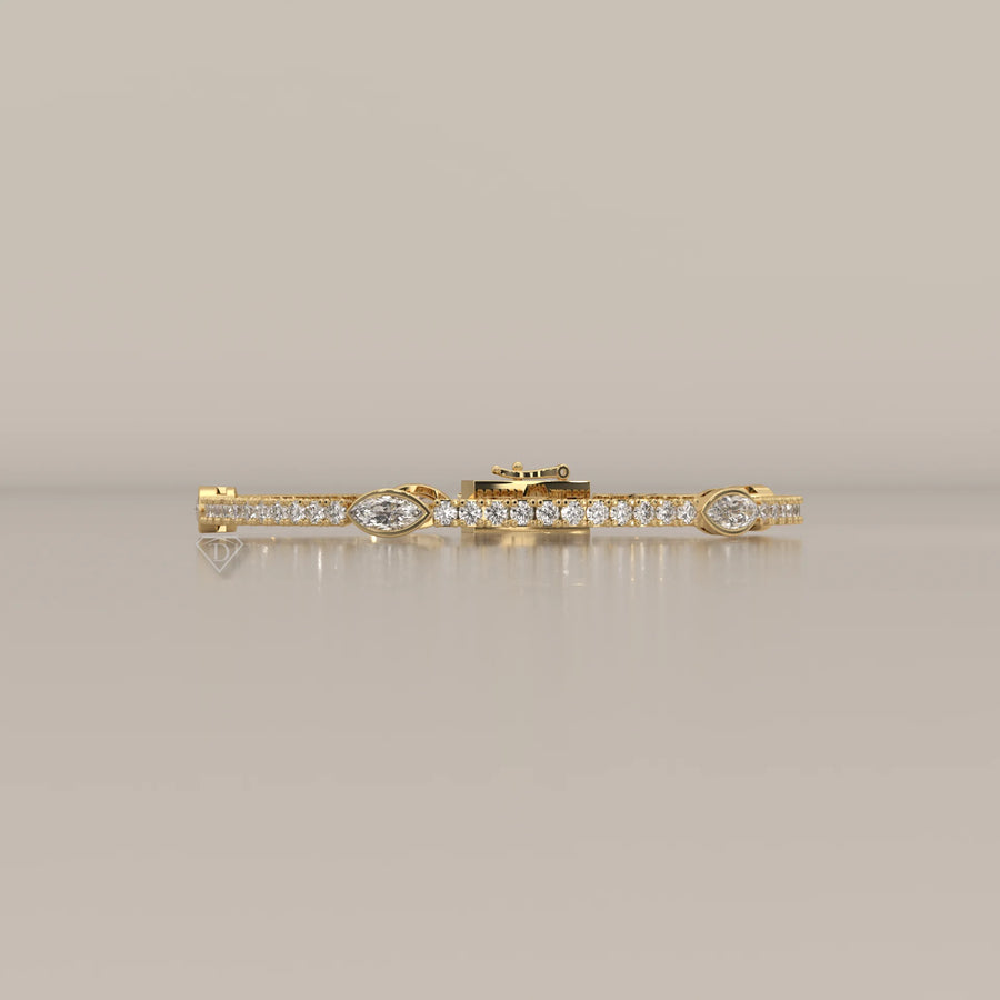 Marquise Station Lab Grown Diamond Tennis Bracelet with Round Line in yellow gold, shown from the front.