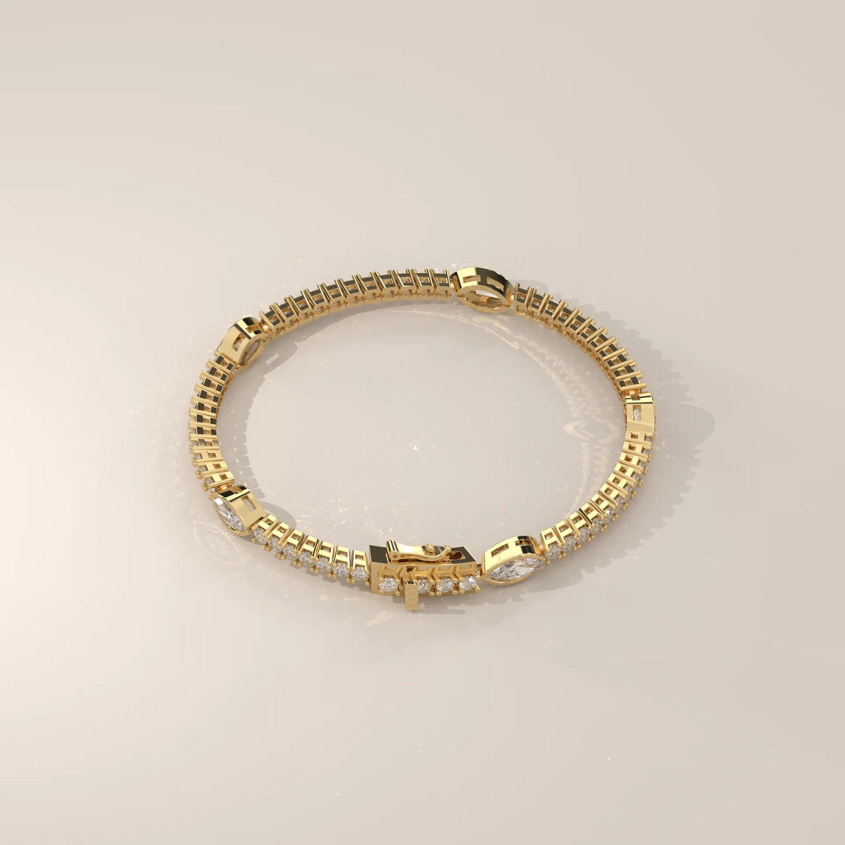Marquise Station Lab Grown Diamond Tennis Bracelet with Round Line in yellow gold, side profile view.