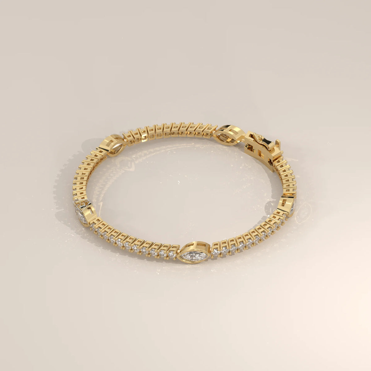 Marquise Station Lab Grown Diamond Tennis Bracelet with Round Line in yellow gold, shown from the side.