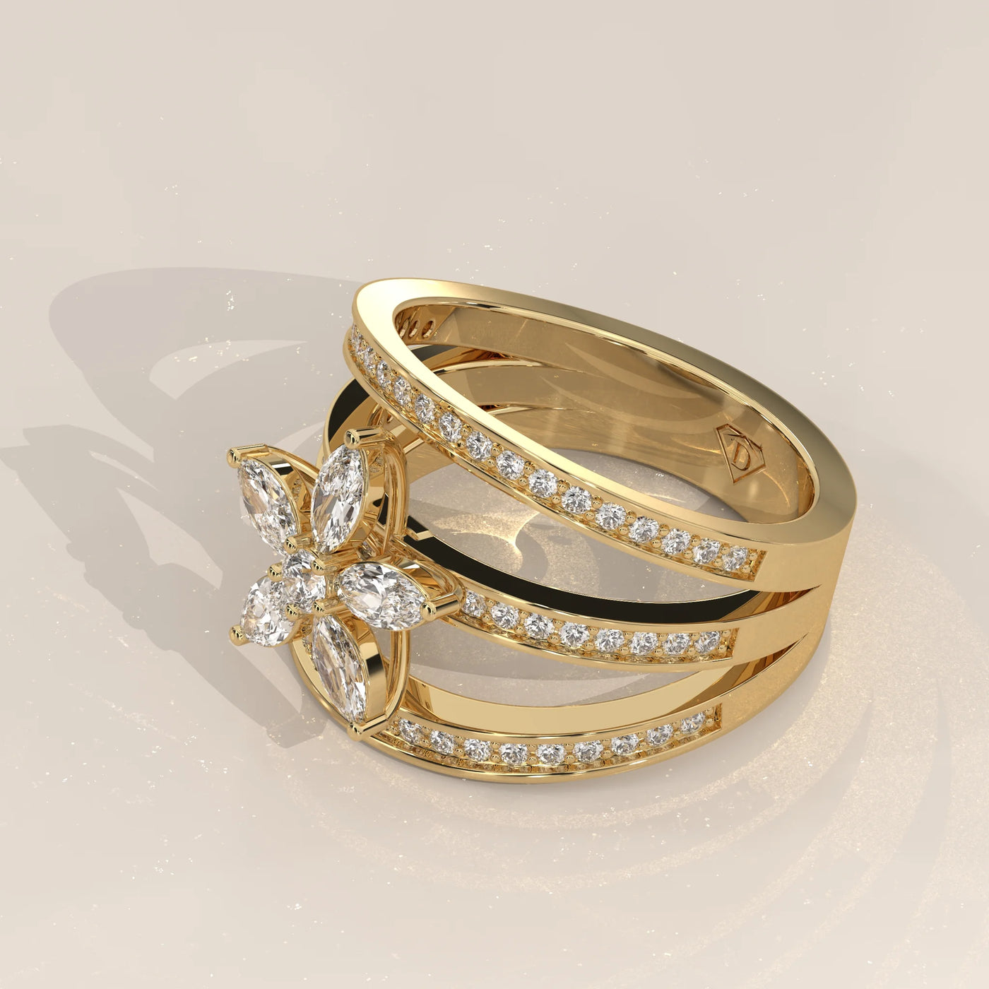 Angle View: Marquise Diamond Ring with Cluster Setting in Yellow Gold – Lab Grown – Driona Jewels