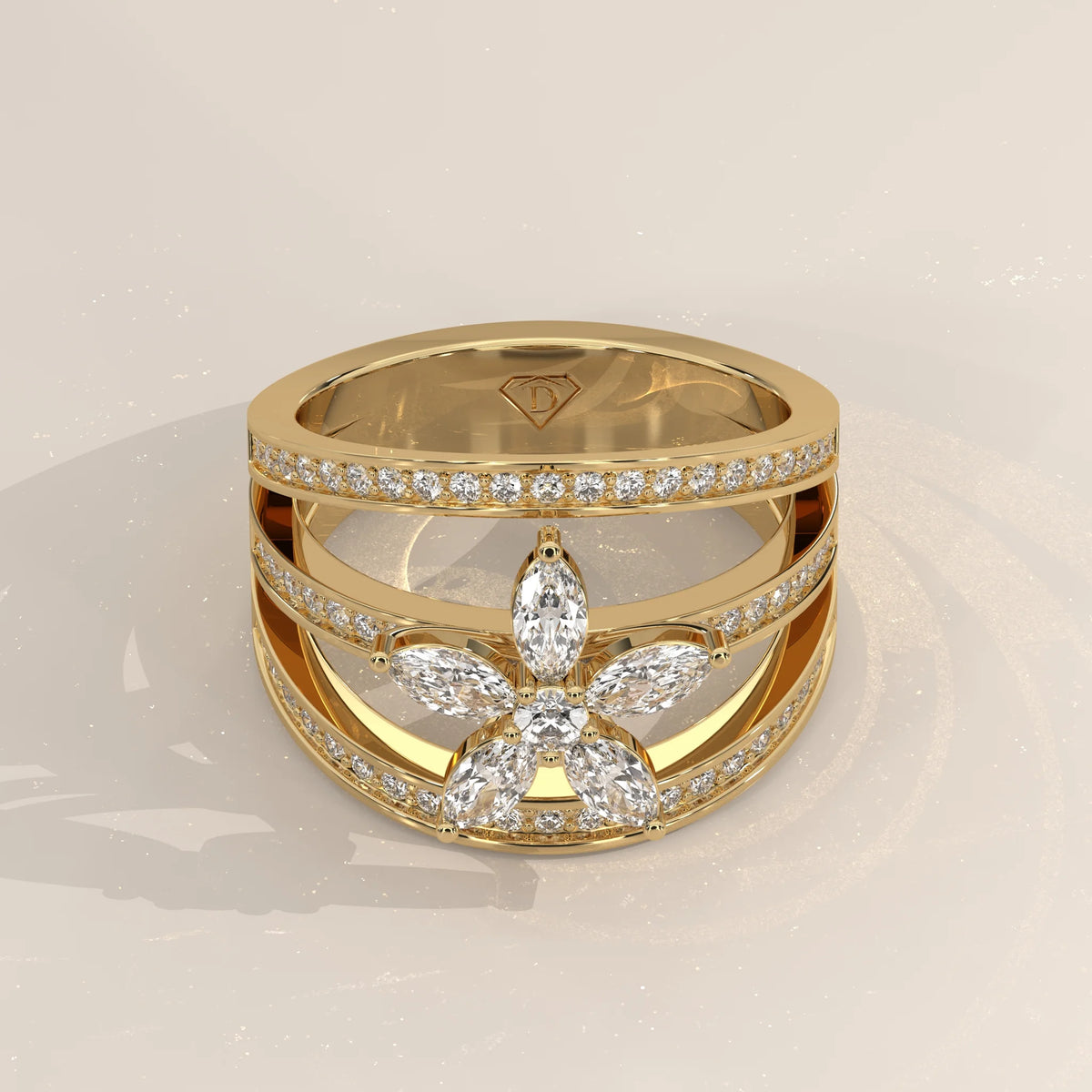 Three-Quarter View: Marquise Diamond Ring with Cluster Setting in Yellow Gold – Lab Grown – Driona Jewels
