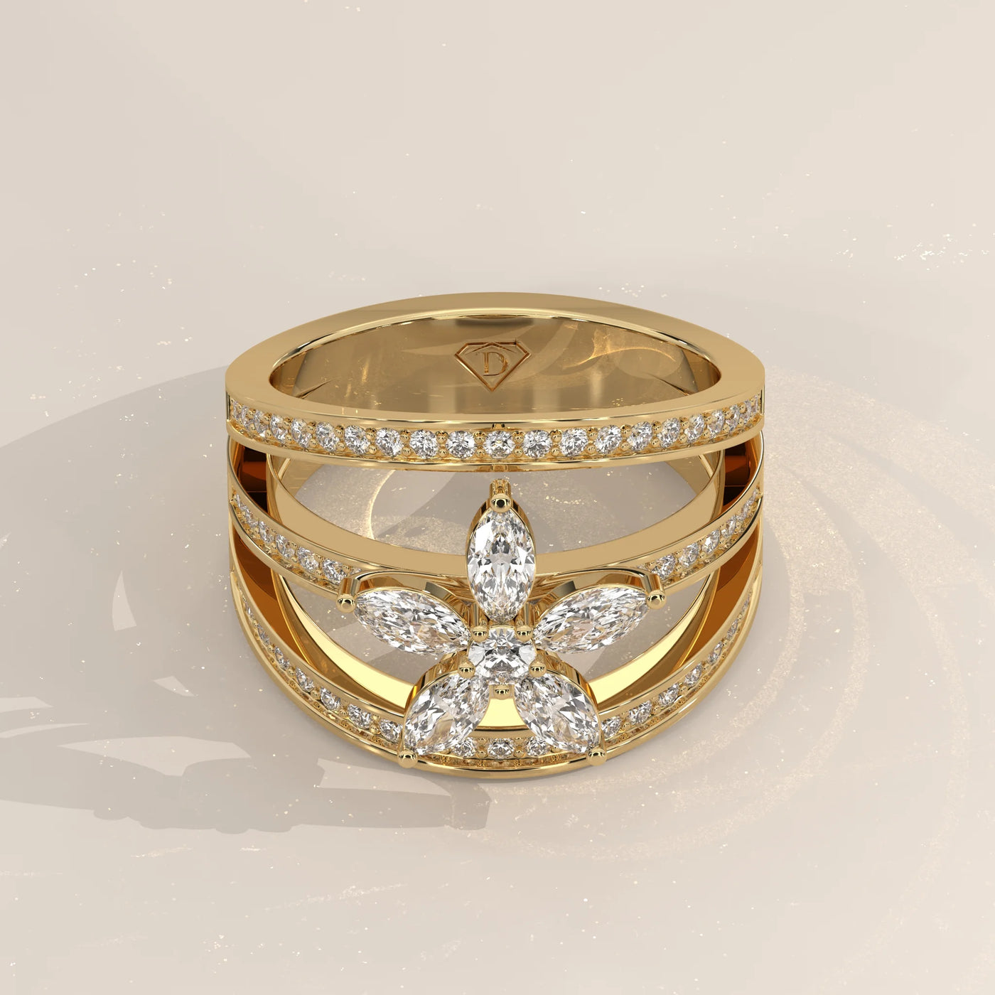Three-Quarter View: Marquise Diamond Ring with Cluster Setting in Yellow Gold – Lab Grown – Driona Jewels
