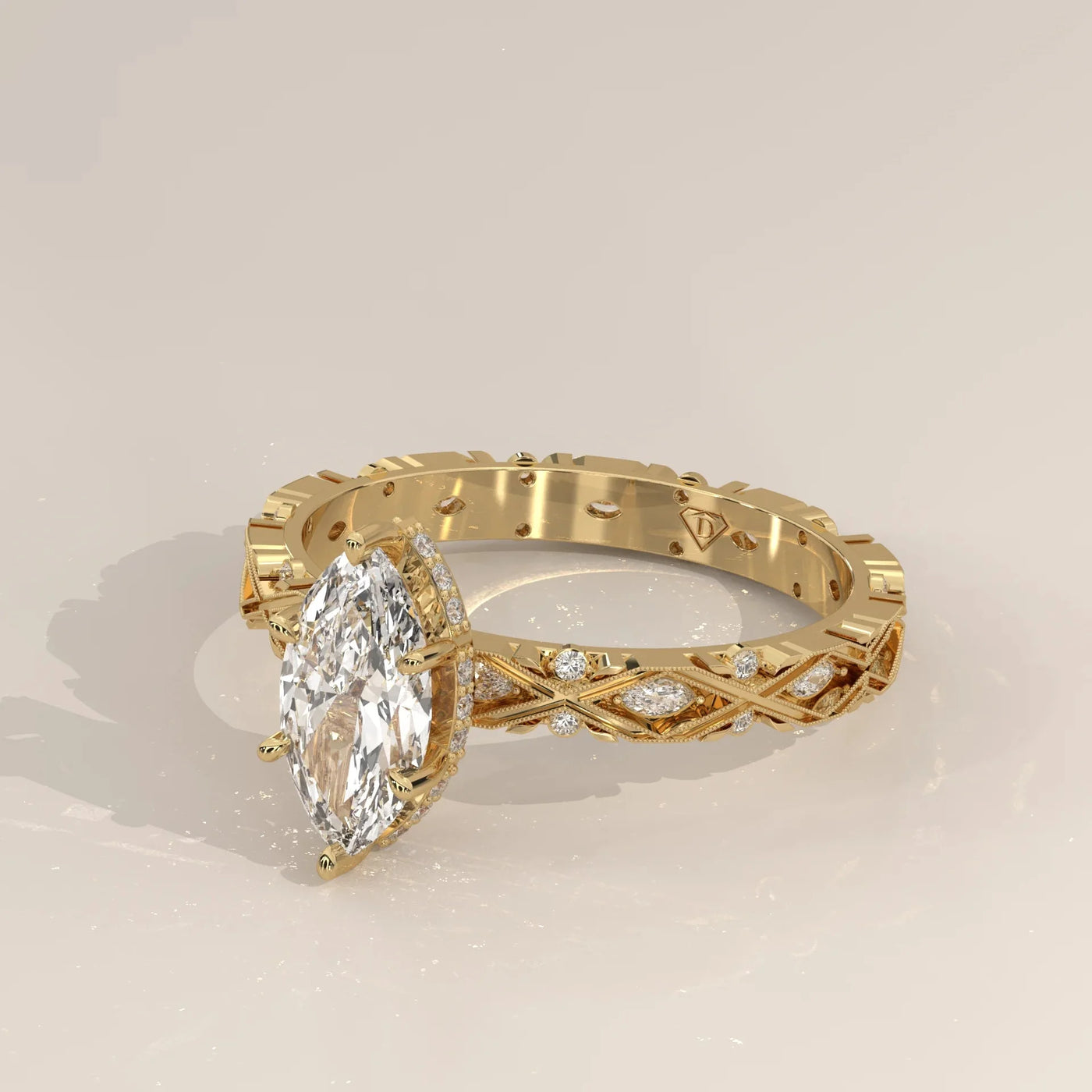 Angle View: Marquise Diamond Ring with Solitaire Setting in Yellow Gold – Lab Grown – Driona Jewels