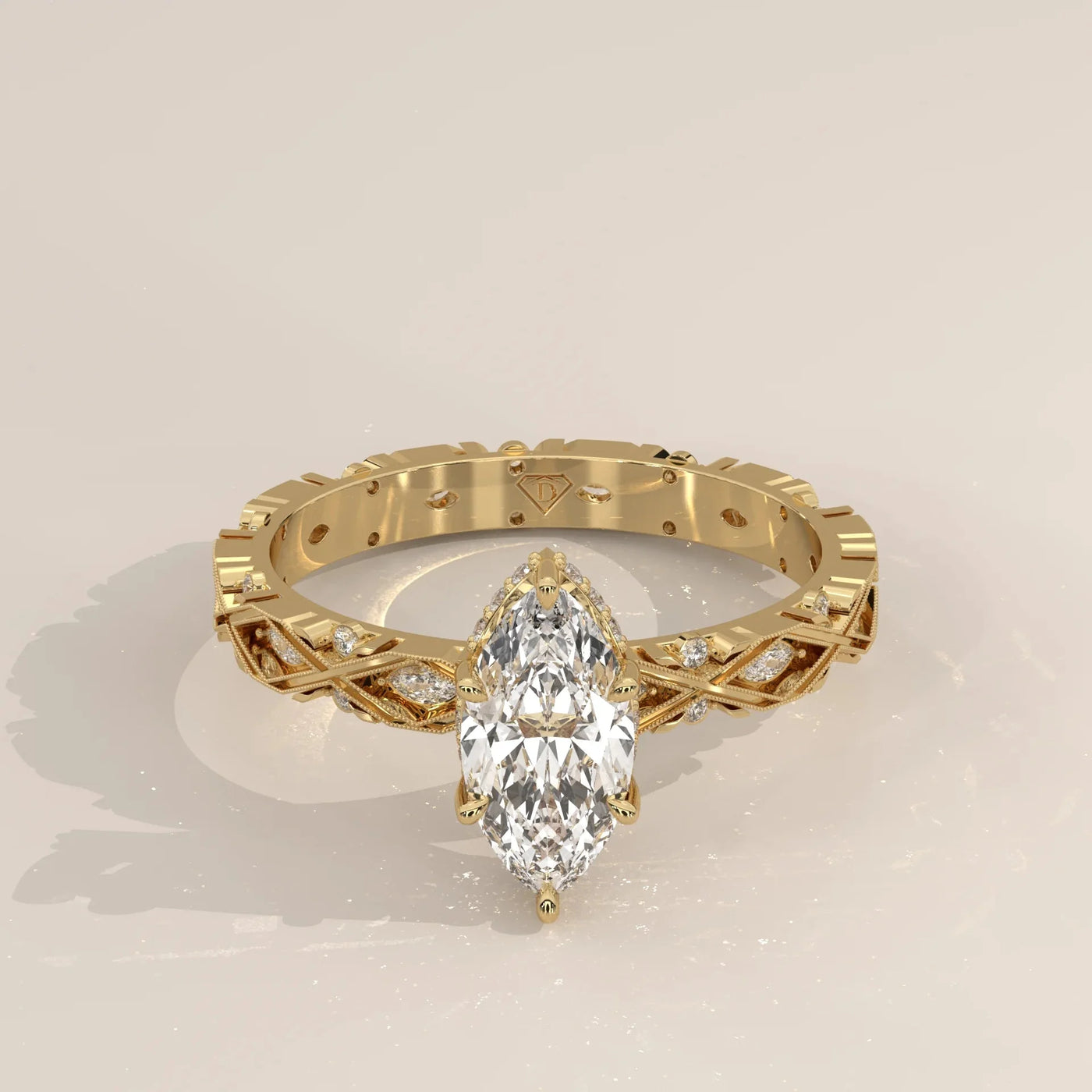 Front View: Marquise Diamond Ring with Solitaire Setting in Yellow Gold – Lab Grown – Driona Jewels