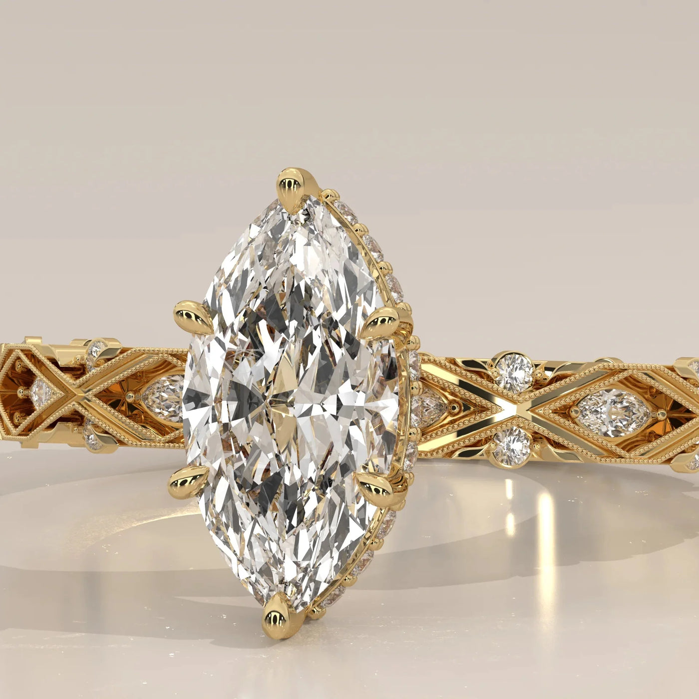Front View: Marquise Diamond Ring with Solitaire Setting in Yellow Gold – Lab Grown – Driona Jewels