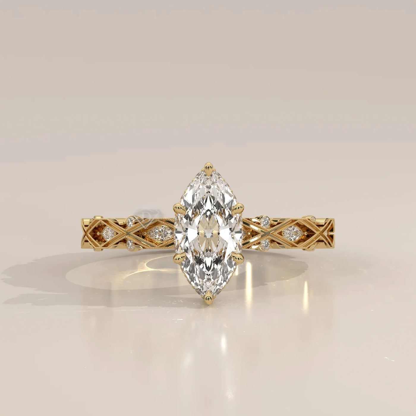 Front View: Marquise Diamond Ring with Solitaire Setting in Yellow Gold – Lab Grown – Driona Jewels