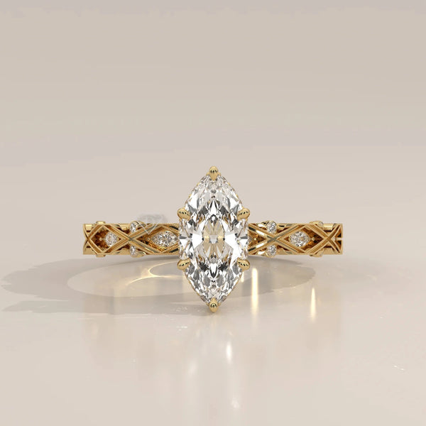 Front View: Marquise Diamond Ring with Solitaire Setting in Yellow Gold – Lab Grown – Driona Jewels
