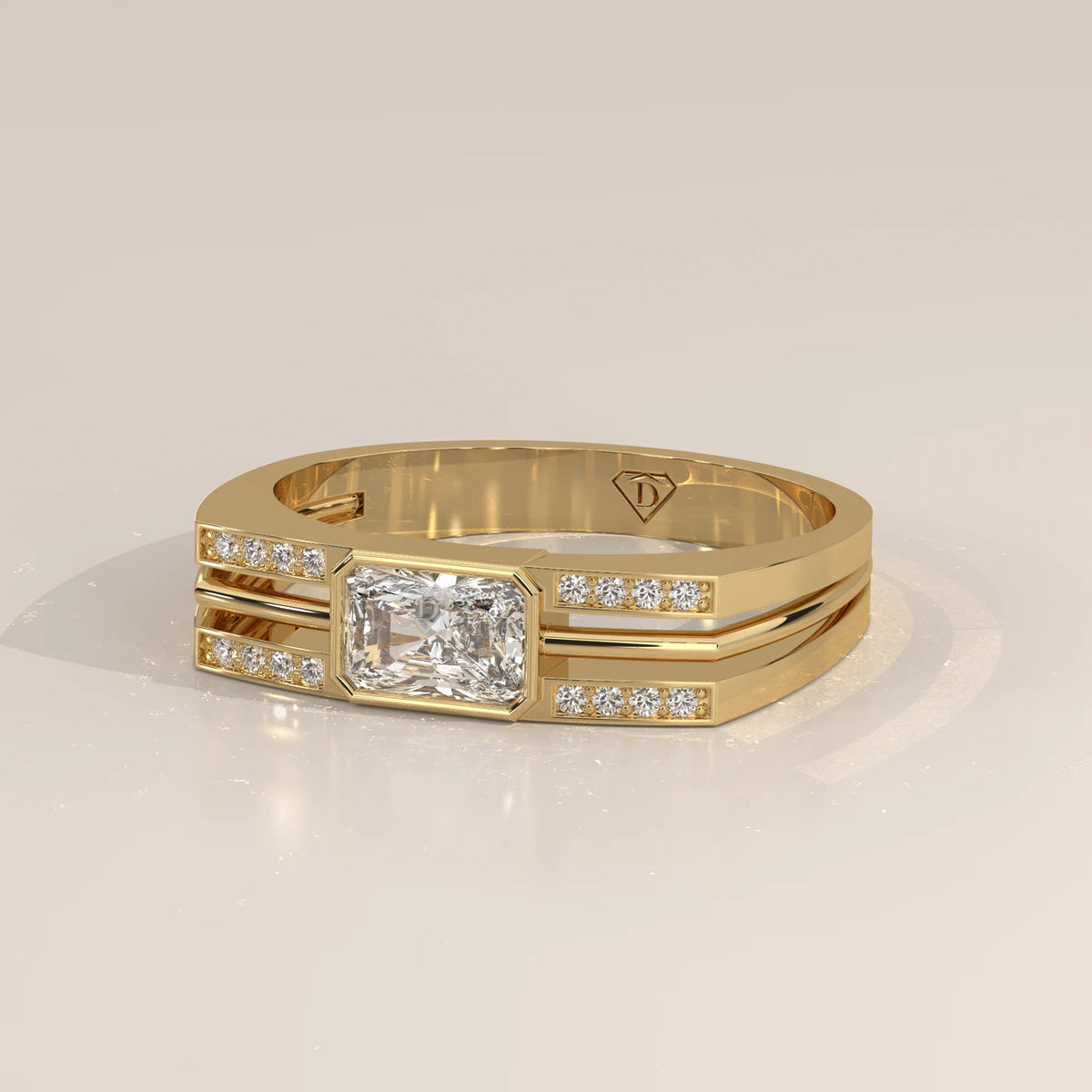 Radiant Lab Grown Diamond East West Bezel Ring with Split Rails in yellow gold, front view on a plain background.