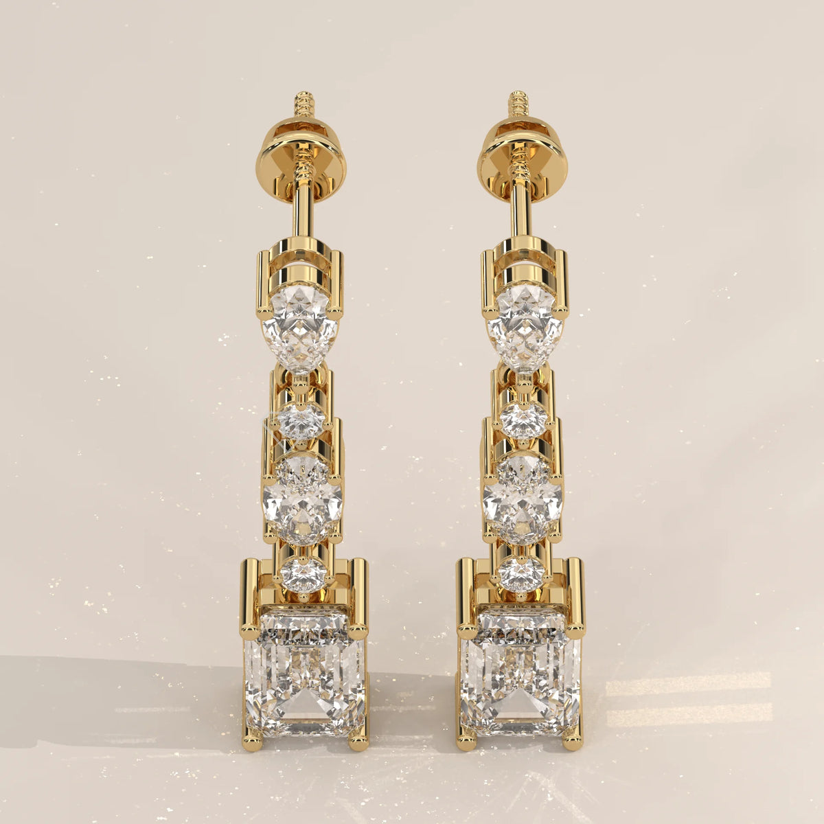 Pair Front View: Round Diamond Drop Earrings with Prong Setting in Yellow Gold – Lab Grown – Driona Jewels