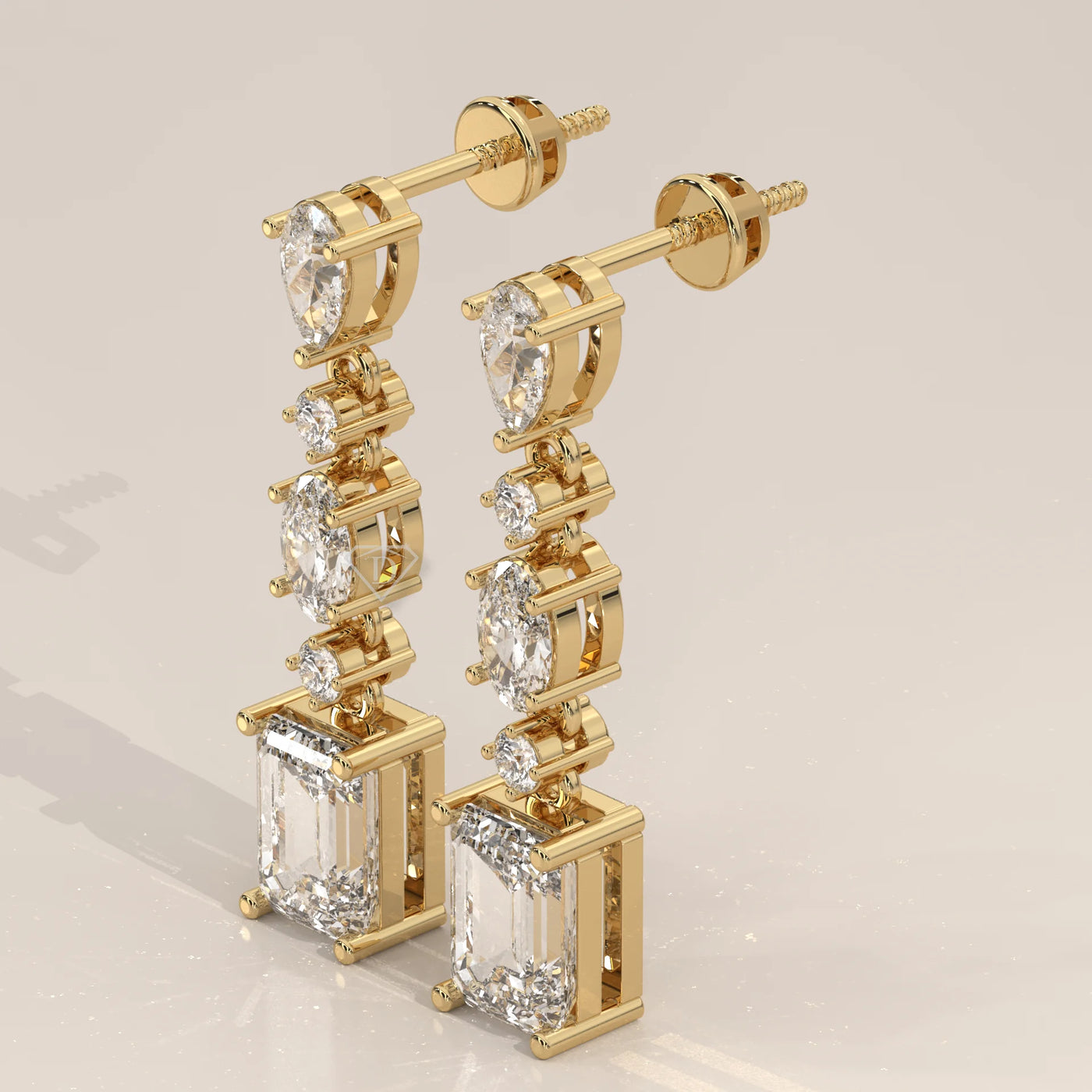 Three-Quarter View: Round Diamond Drop Earrings with Prong Setting in Yellow Gold – Lab Grown – Driona Jewels