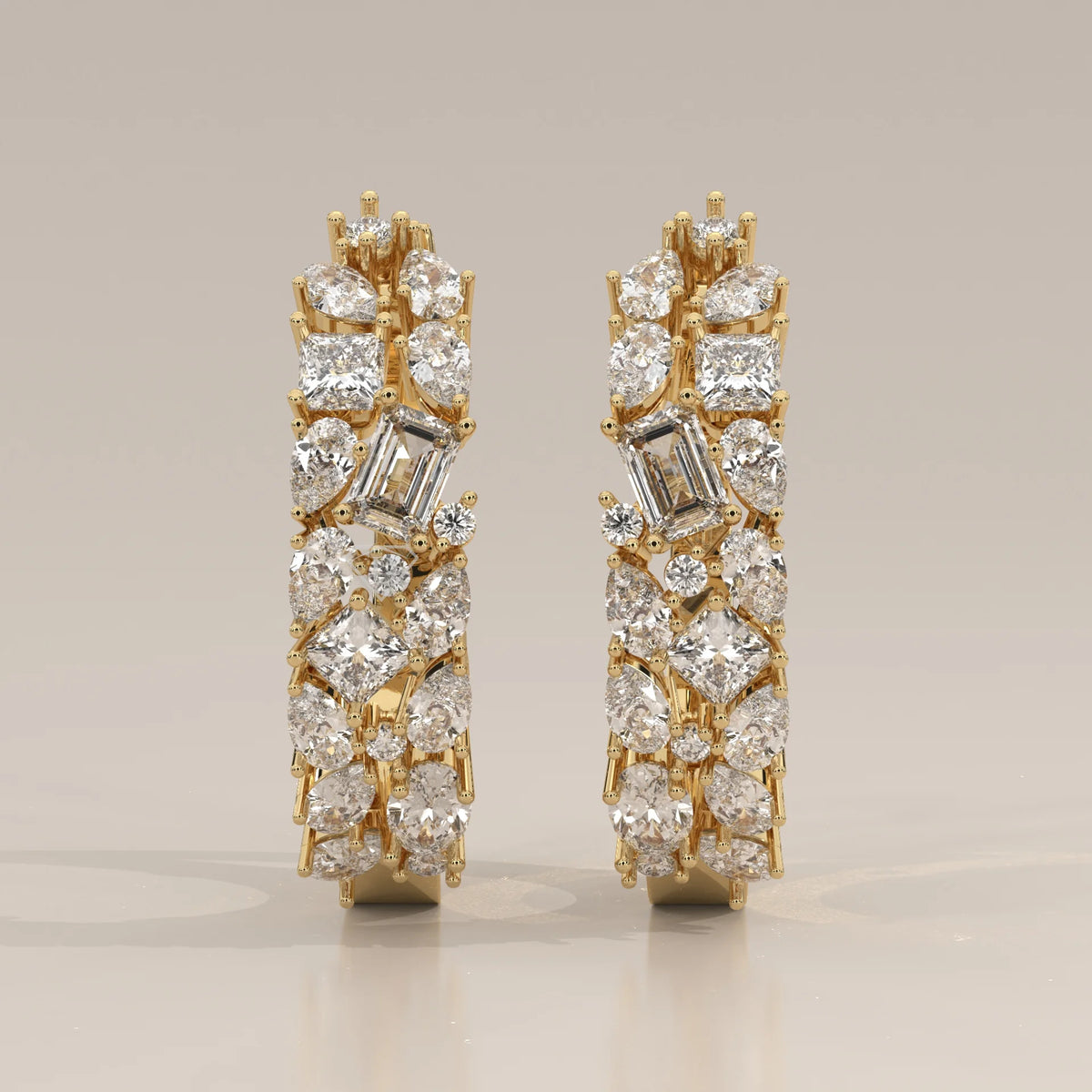 Front View: Round Diamond Huggie Hoop Earrings with Cluster Setting in Yellow Gold – Lab Grown – Driona Jewels