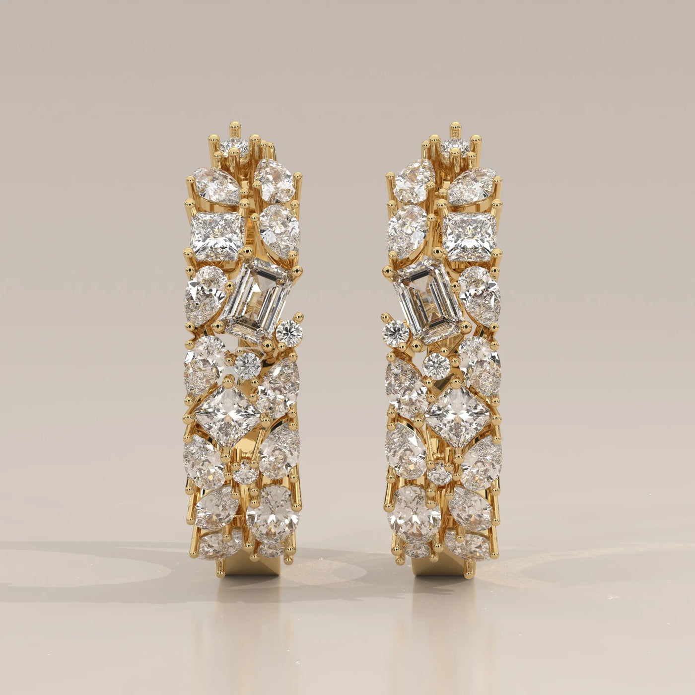 Front View: Round Diamond Huggie Hoop Earrings with Cluster Setting in Yellow Gold – Lab Grown – Driona Jewels