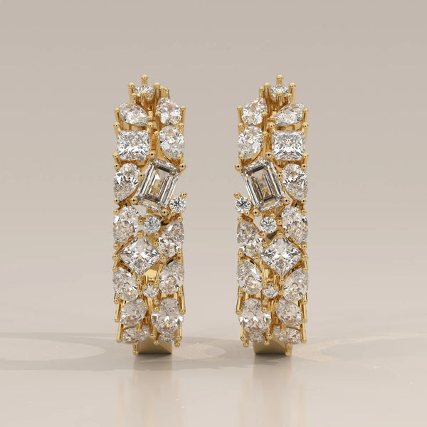 Front View: Round Diamond Huggie Hoop Earrings with Cluster Setting in Yellow Gold – Lab Grown – Driona Jewels