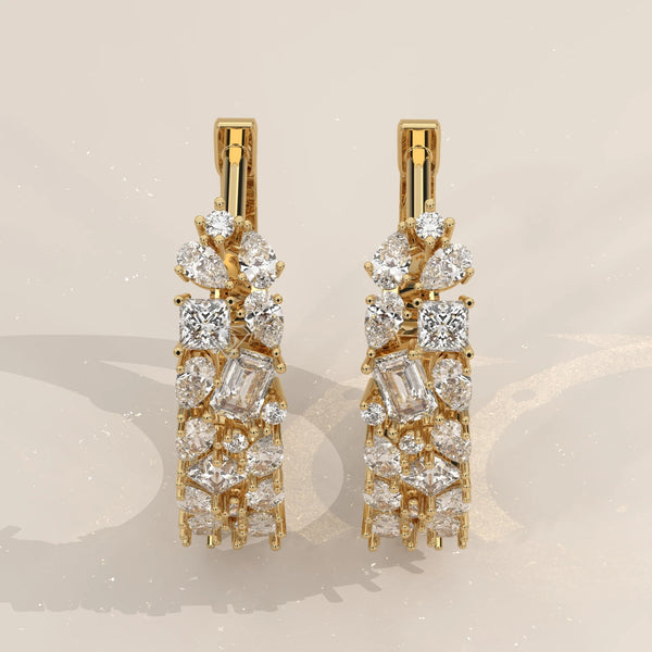 Pair Front View: Round Diamond Huggie Hoop Earrings with Cluster Setting in Yellow Gold – Lab Grown – Driona Jewels