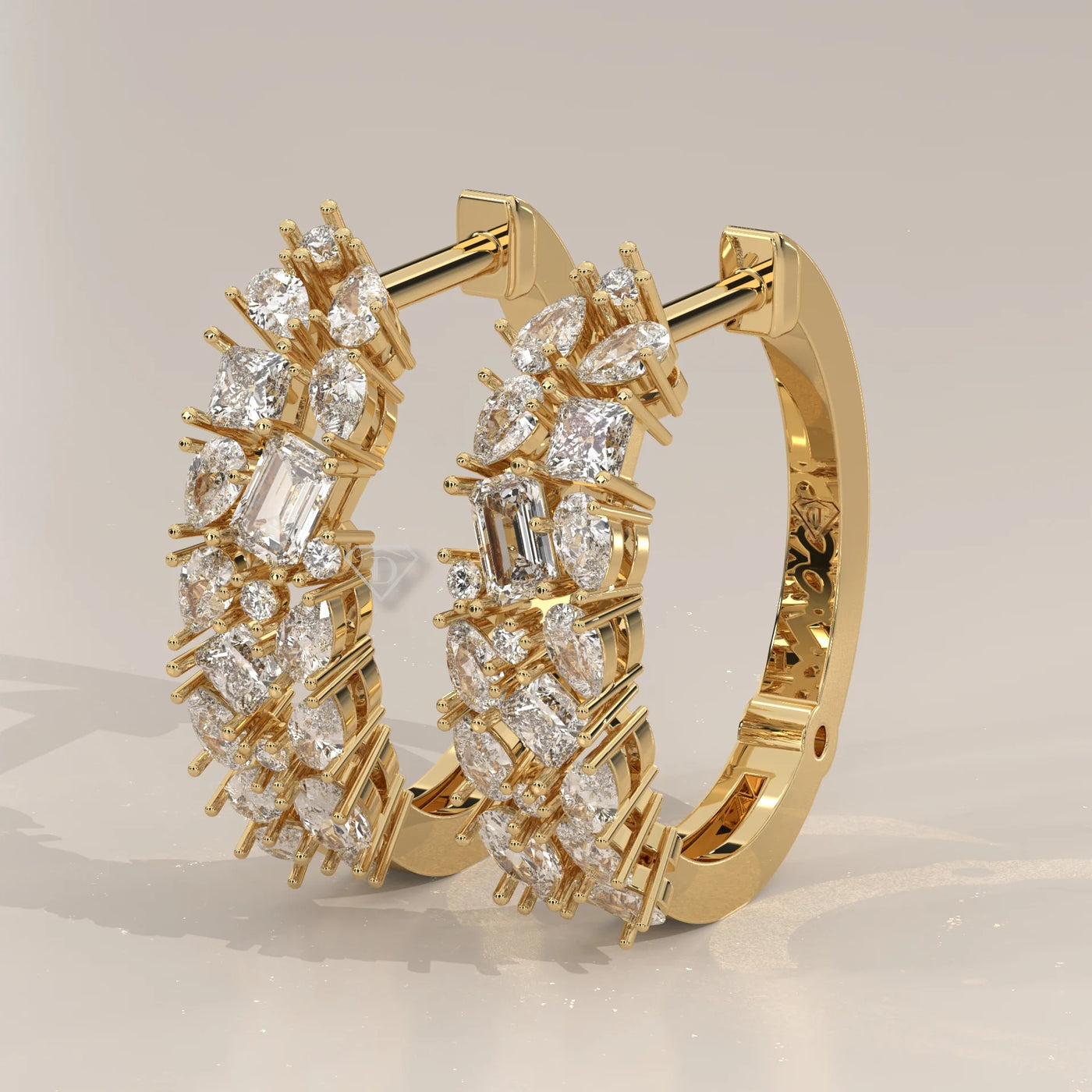 Three-Quarter View: Round Diamond Huggie Hoop Earrings with Cluster Setting in Yellow Gold – Lab Grown – Driona Jewels