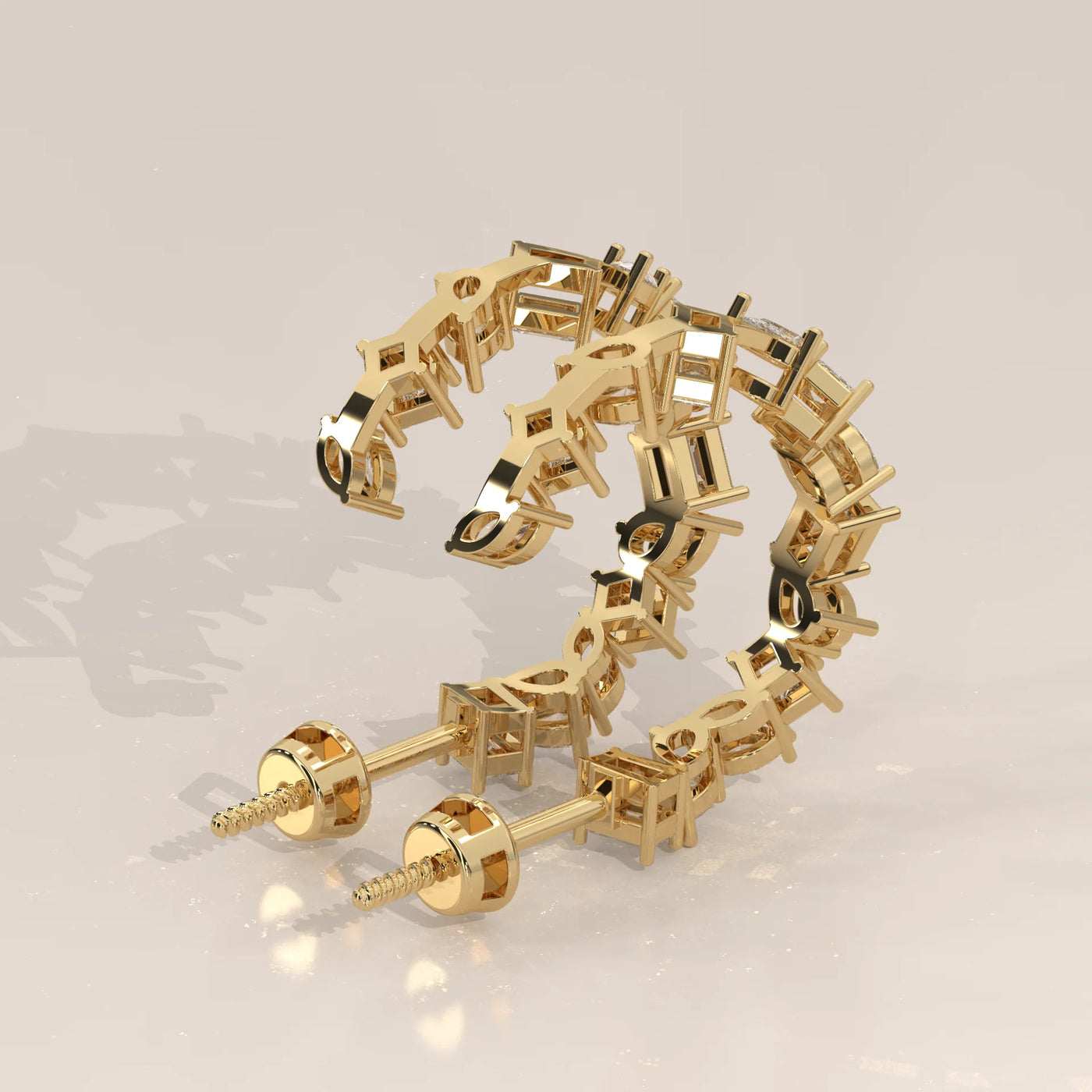 Angle View: Round Diamond Hoop Earrings with Cluster Setting in Yellow Gold – Lab Grown – Driona Jewels
