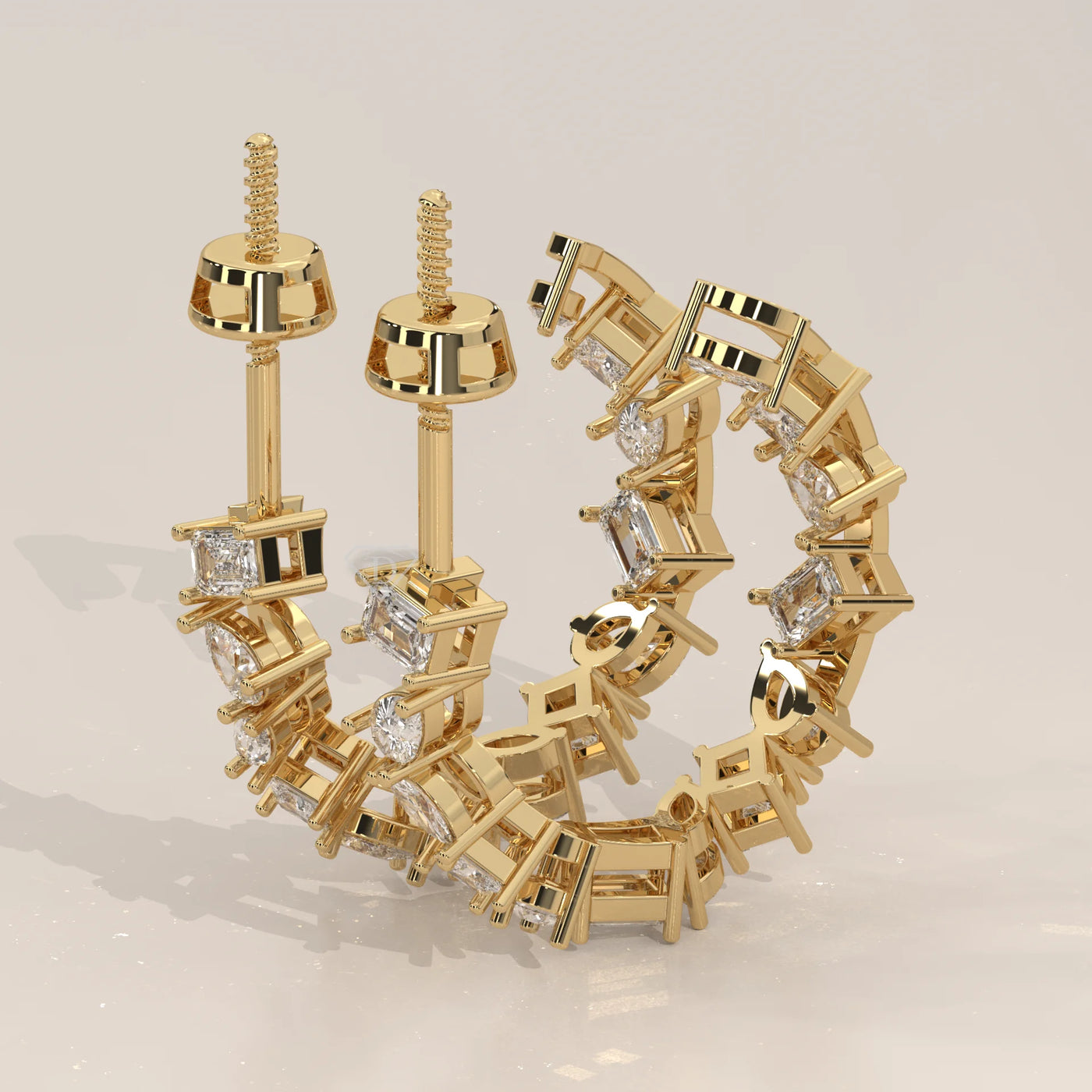 Three-Quarter View: Round Diamond Hoop Earrings with Cluster Setting in Yellow Gold – Lab Grown – Driona Jewels