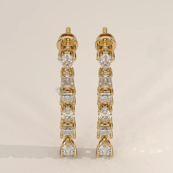 Pair Front View: Round Diamond Drop Earrings with Prong Setting in Yellow Gold – Lab Grown – Driona Jewels