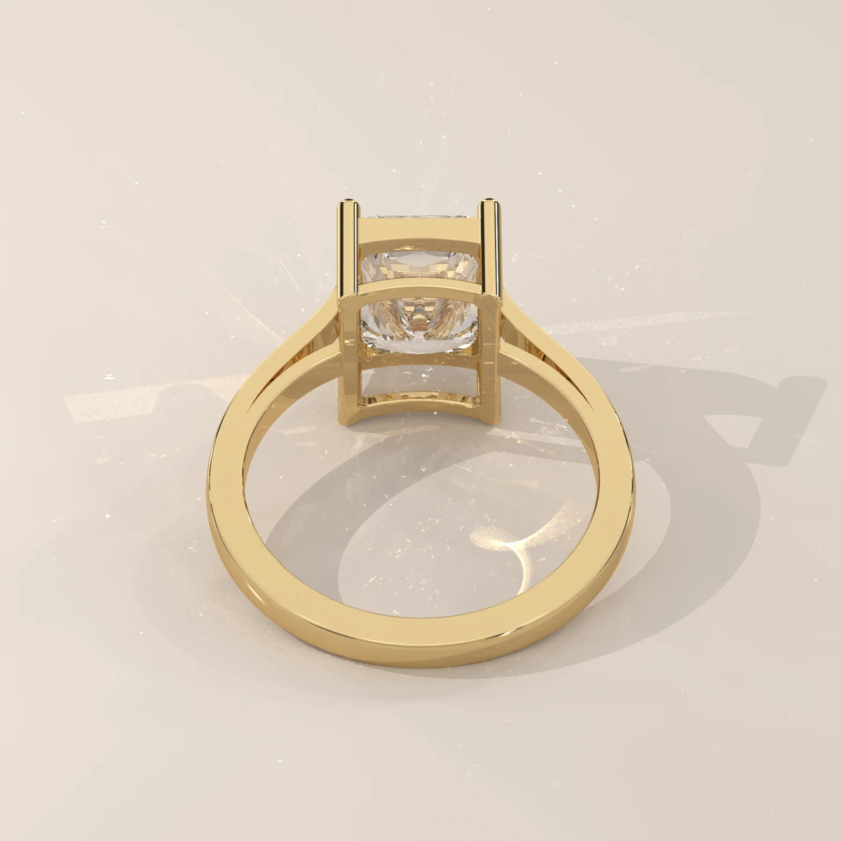 Nachel 5 Carat Radiant Lab Grown Diamond Solitaire Ring, Plain Band in yellow gold, shown on a plain background.