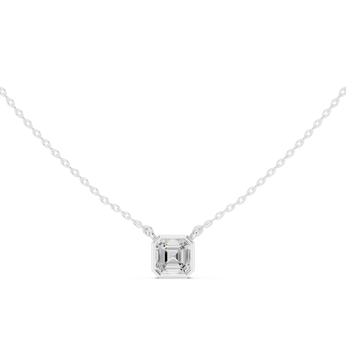 Front-view: Asscher Diamond Necklace with Bezel Setting in 14k White Gold - Lab Grown - Driona Jewels