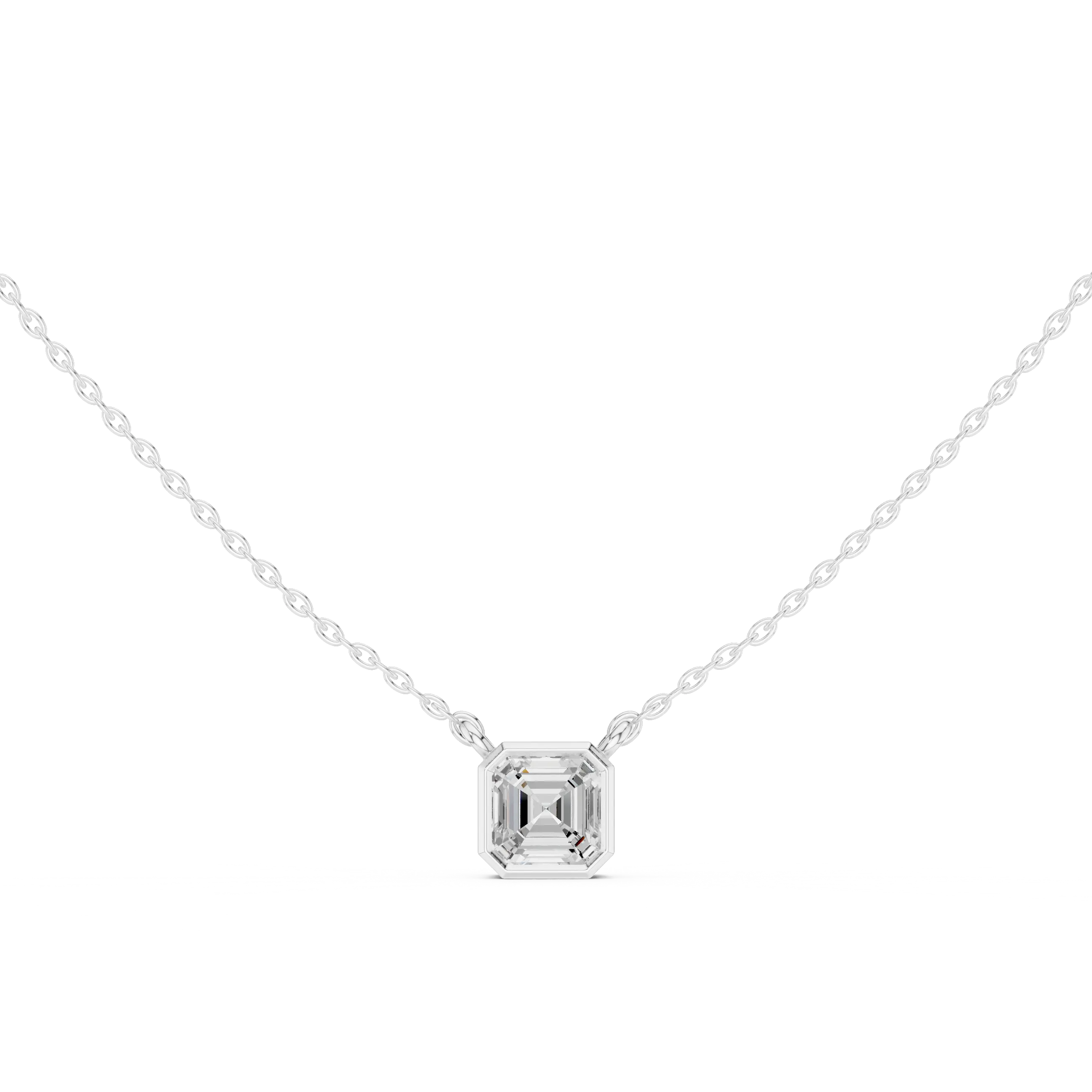 Front-view: Asscher Diamond Necklace with Bezel Setting in 14k White Gold - Lab Grown - Driona Jewels