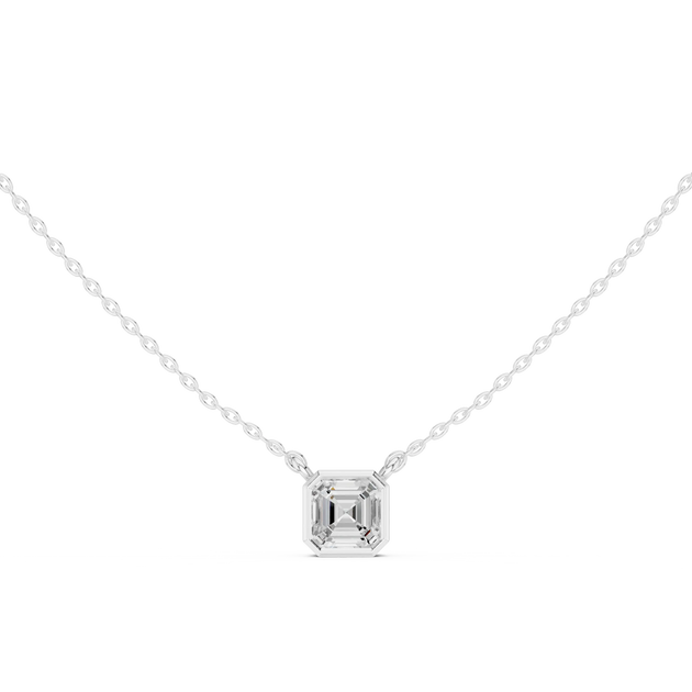 Front-view: Asscher Diamond Necklace with Bezel Setting in 14k White Gold - Lab Grown - Driona Jewels