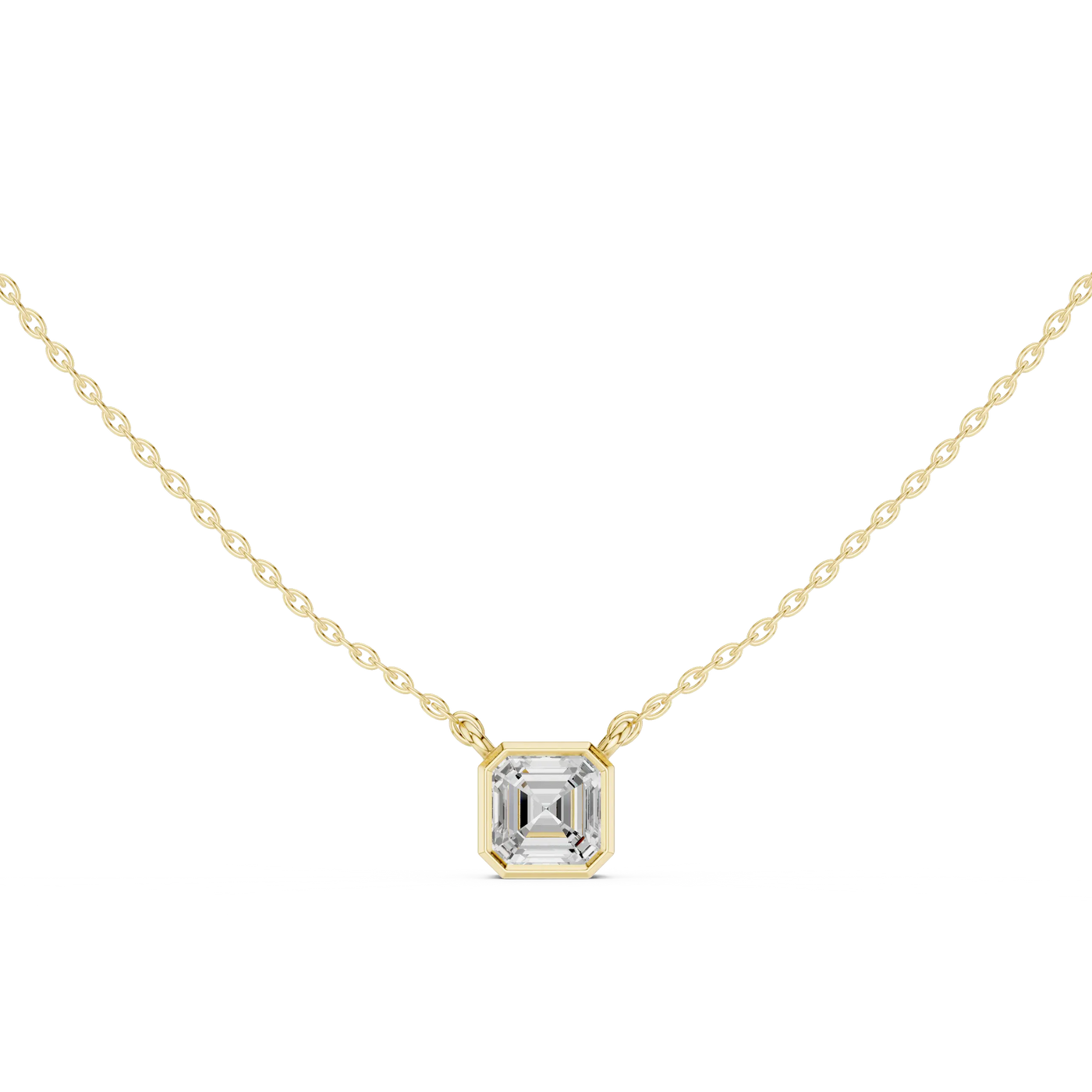 Front View: Asscher Diamond Necklace with Bezel Setting in 14k Yellow Gold - Lab Grown - Driona Jewels