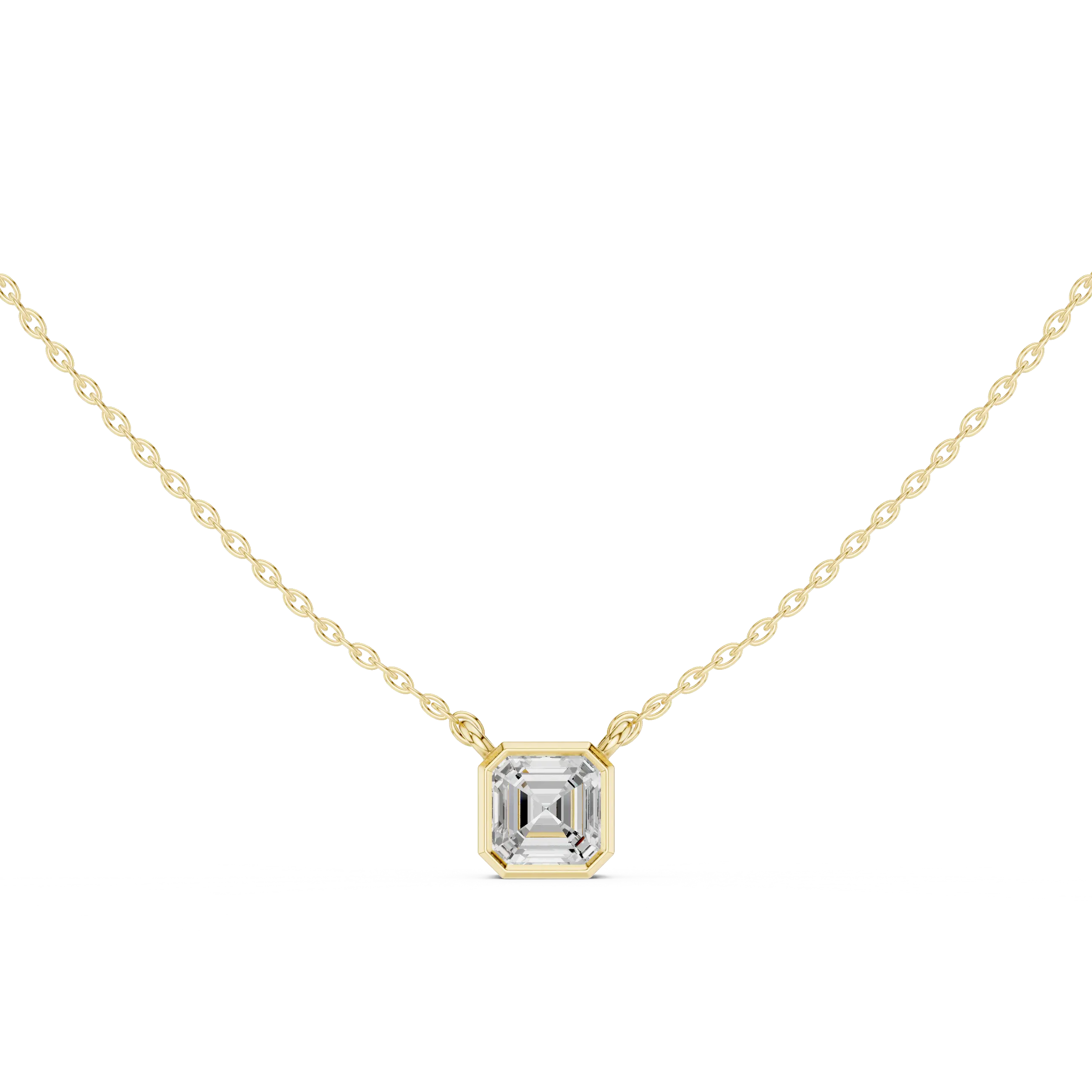 Front View: Asscher Diamond Necklace with Bezel Setting in 14k Yellow Gold - Lab Grown - Driona Jewels