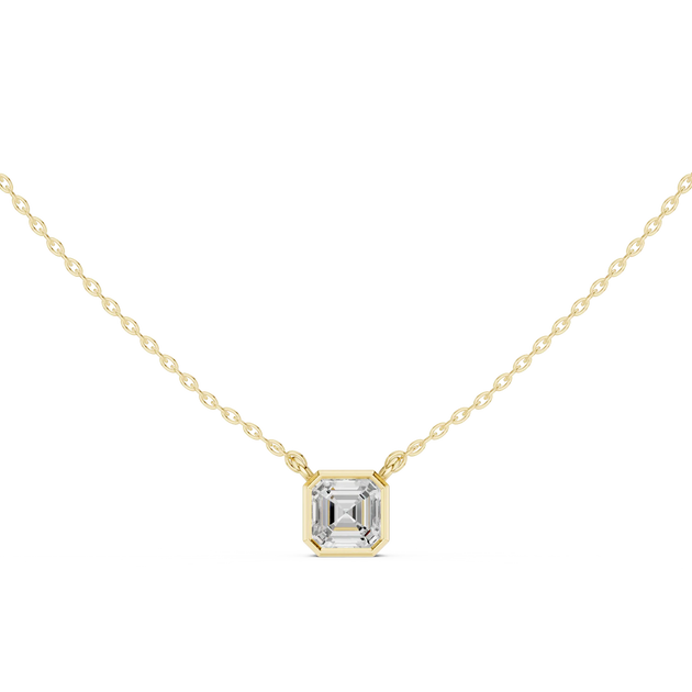 Front View: Asscher Diamond Necklace with Bezel Setting in 14k Yellow Gold - Lab Grown - Driona Jewels