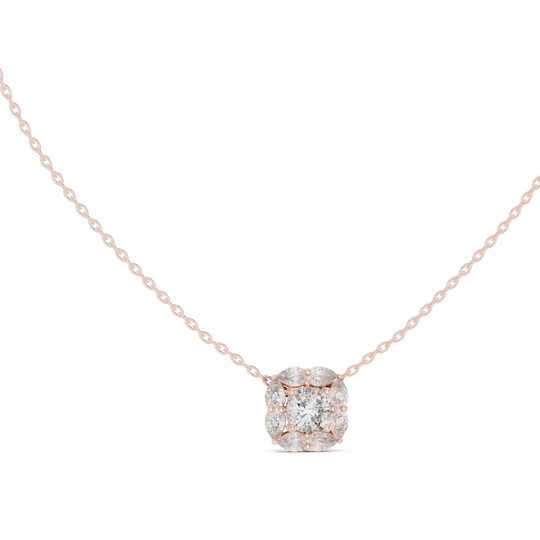 Front-view: Cushion Diamond Necklace with Halo Setting in 14k Rose Gold - Lab Grown - Driona Jewels
