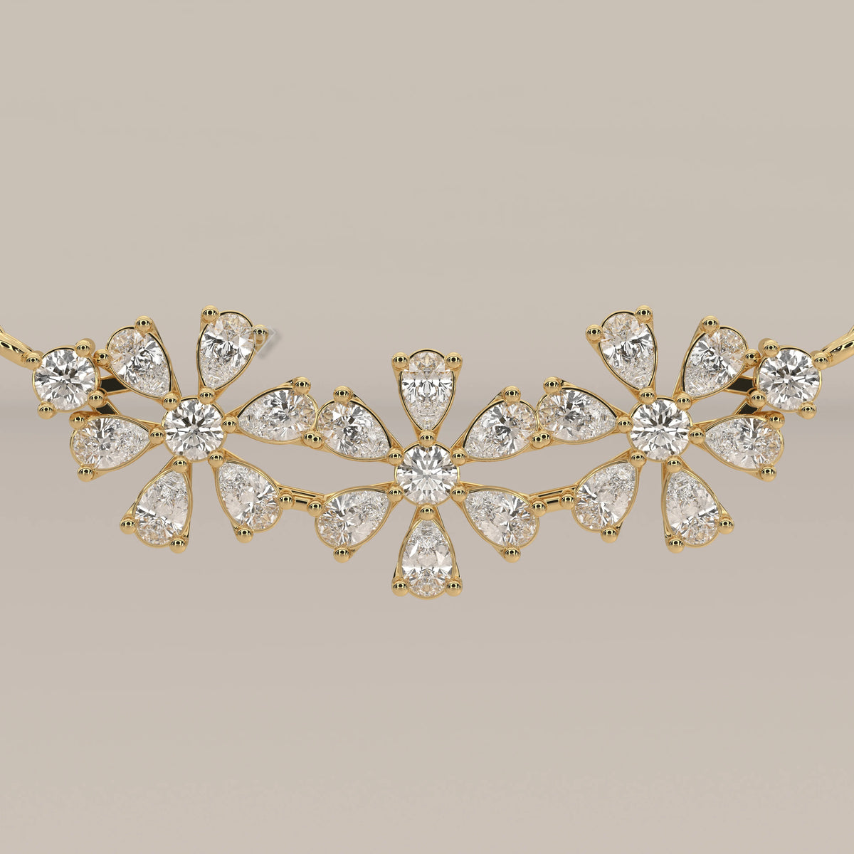 A floral lab grown diamond cluster pendant bar design in yellow gold, shown on a plain background.
