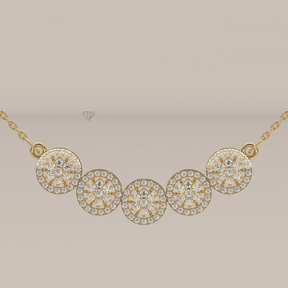 A five interlocking circles lab grown diamond necklace in yellow gold, front view on a plain background.