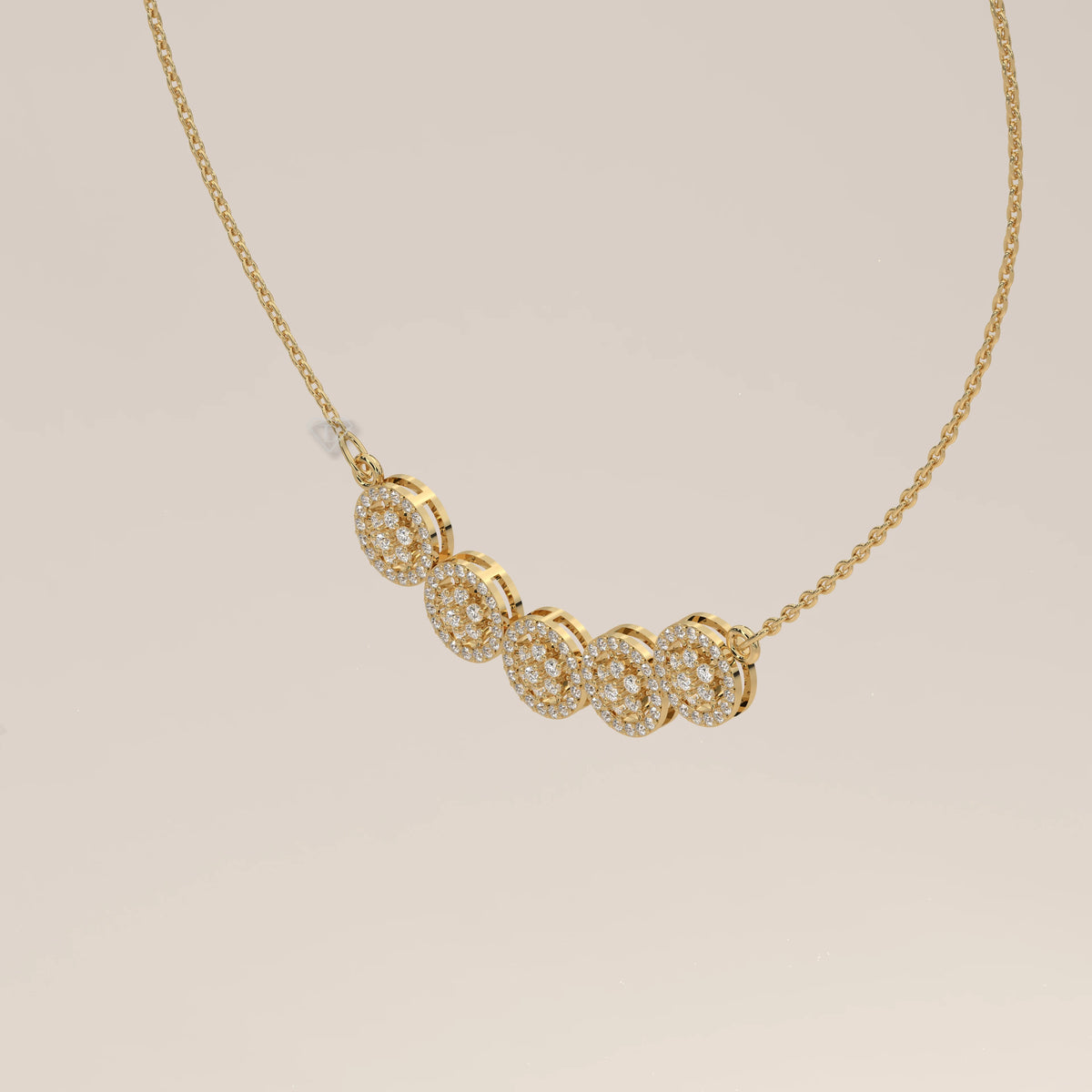 A five interlocking circles lab grown diamond necklace in yellow gold, shown from the side.