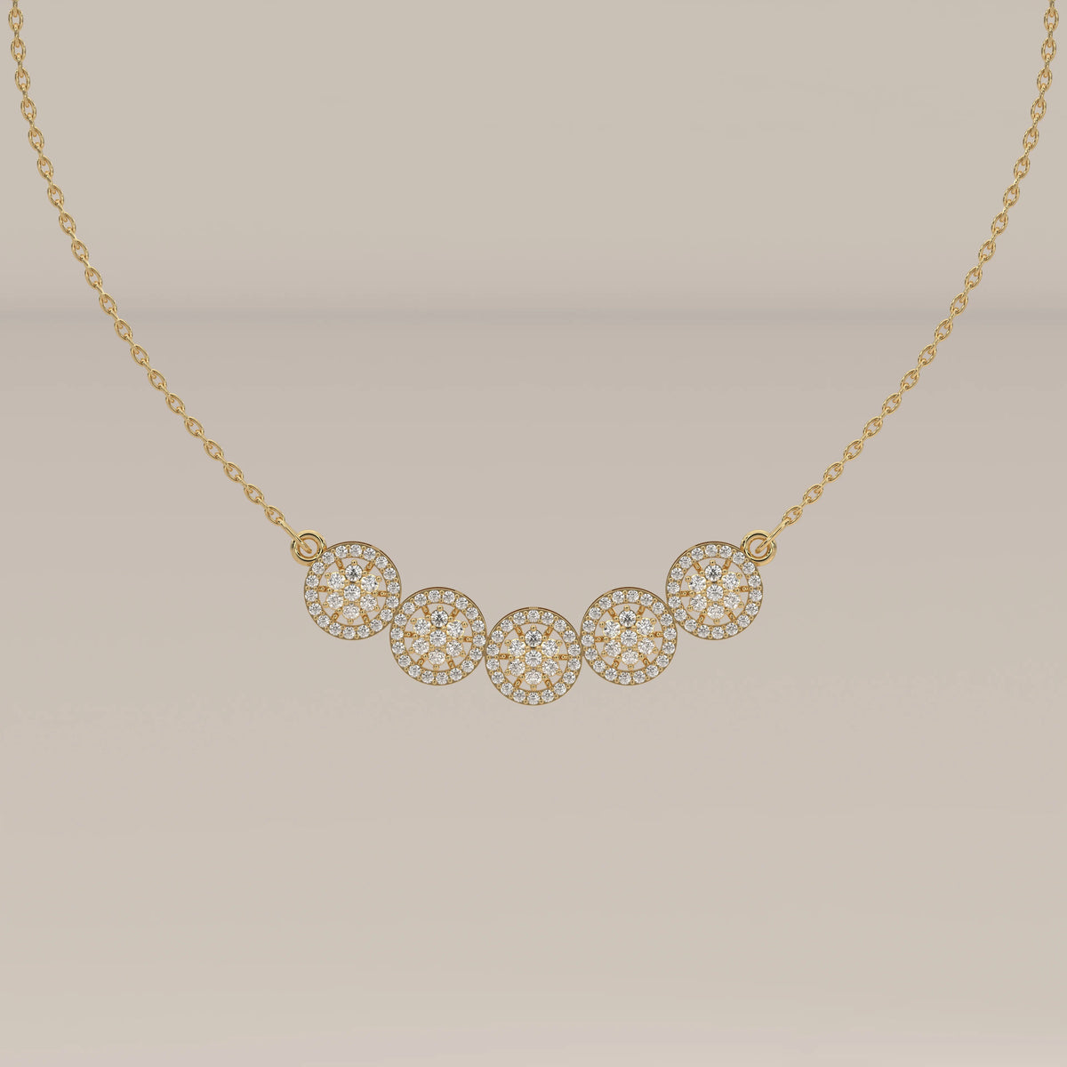 A five interlocking circles lab grown diamond necklace in yellow gold, shown from the front.