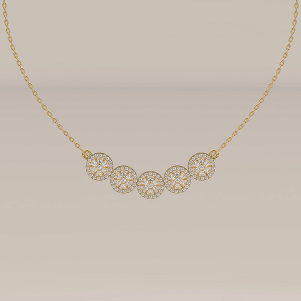 A five interlocking circles lab grown diamond necklace in yellow gold, shown from the front.