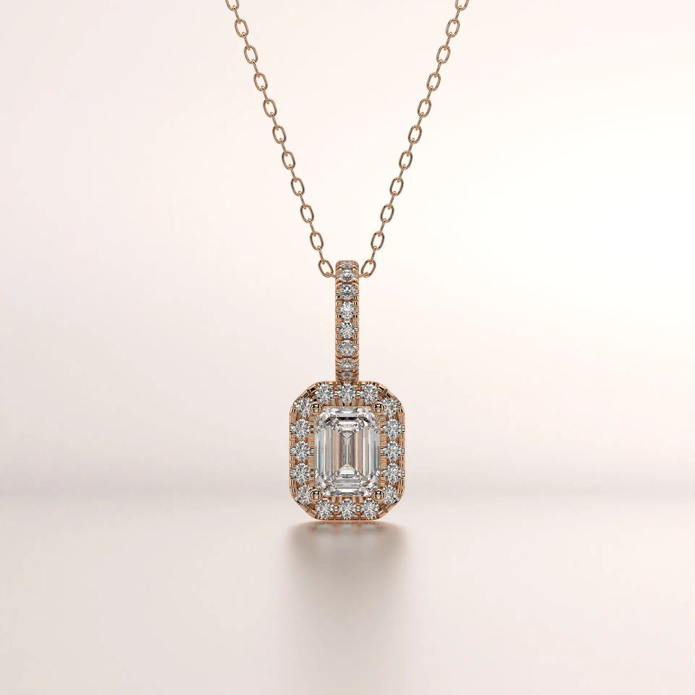 Front-view: Emerald Cut Diamond Necklace with Halo Setting in 14k Rose Gold - Lab Grown - Driona Jewels